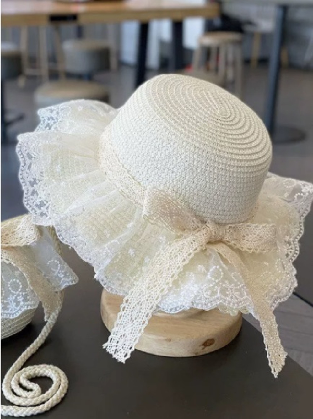 Children's Lace Trim Straw Sun Hat - Cream